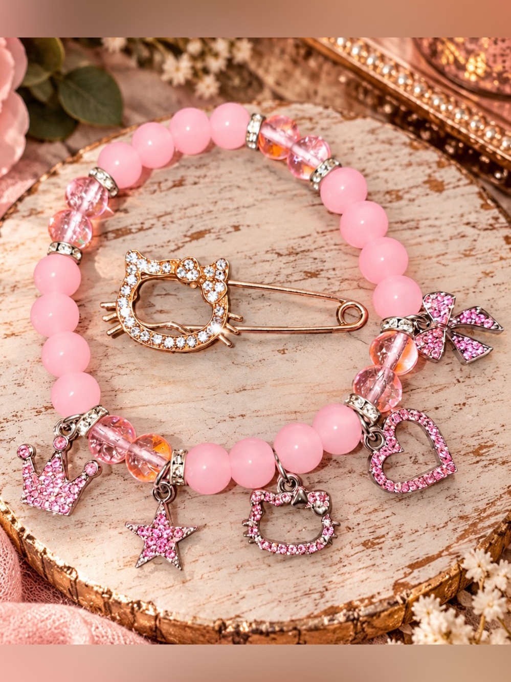 Pink Beaded Charm Bracelet Like New